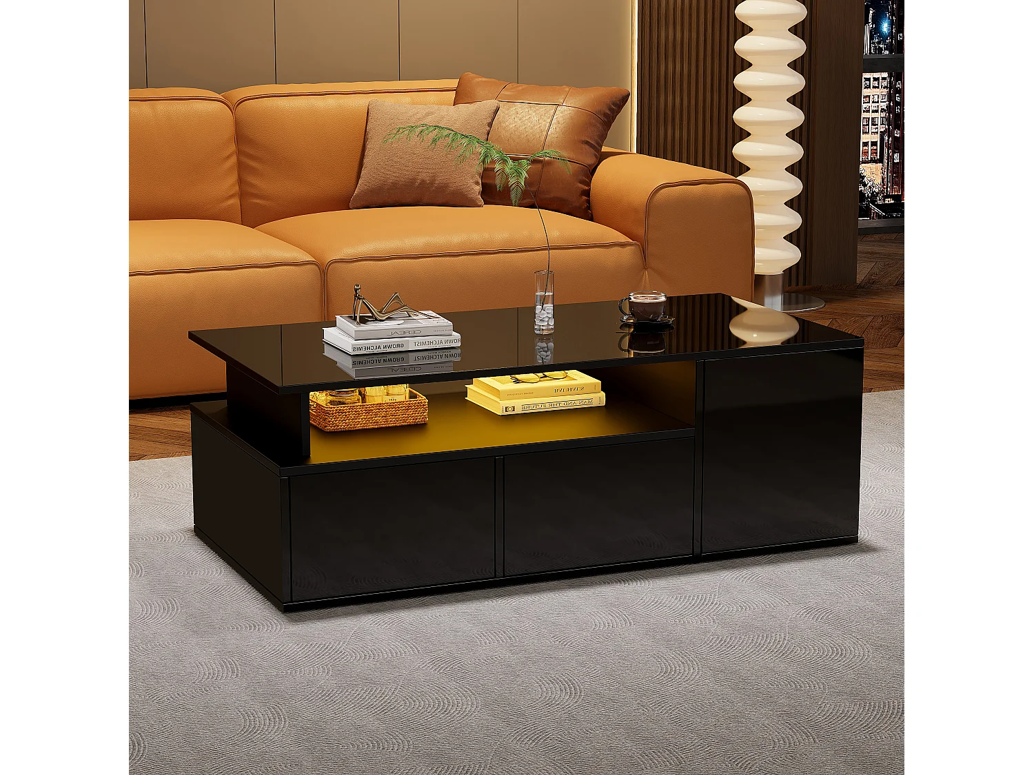 Table basse noire avec 2 tiroirs de rangement et étagères, éclairage LED – pour salon