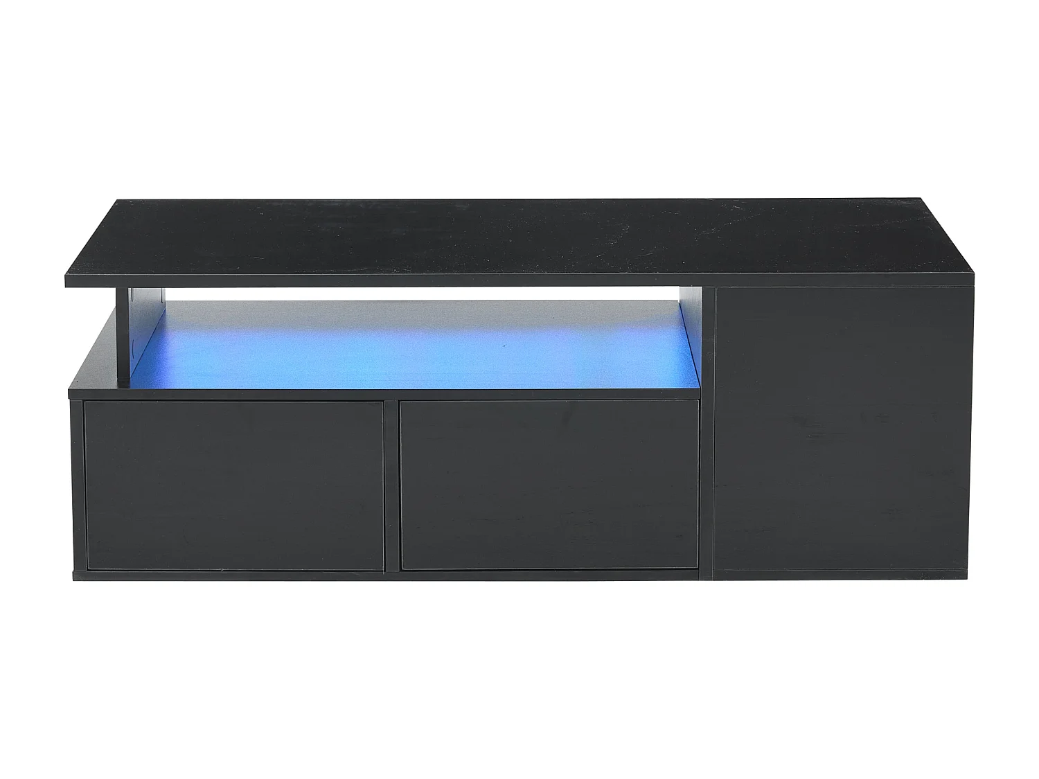 Table basse noire avec 2 tiroirs de rangement et étagères, éclairage LED – pour salon