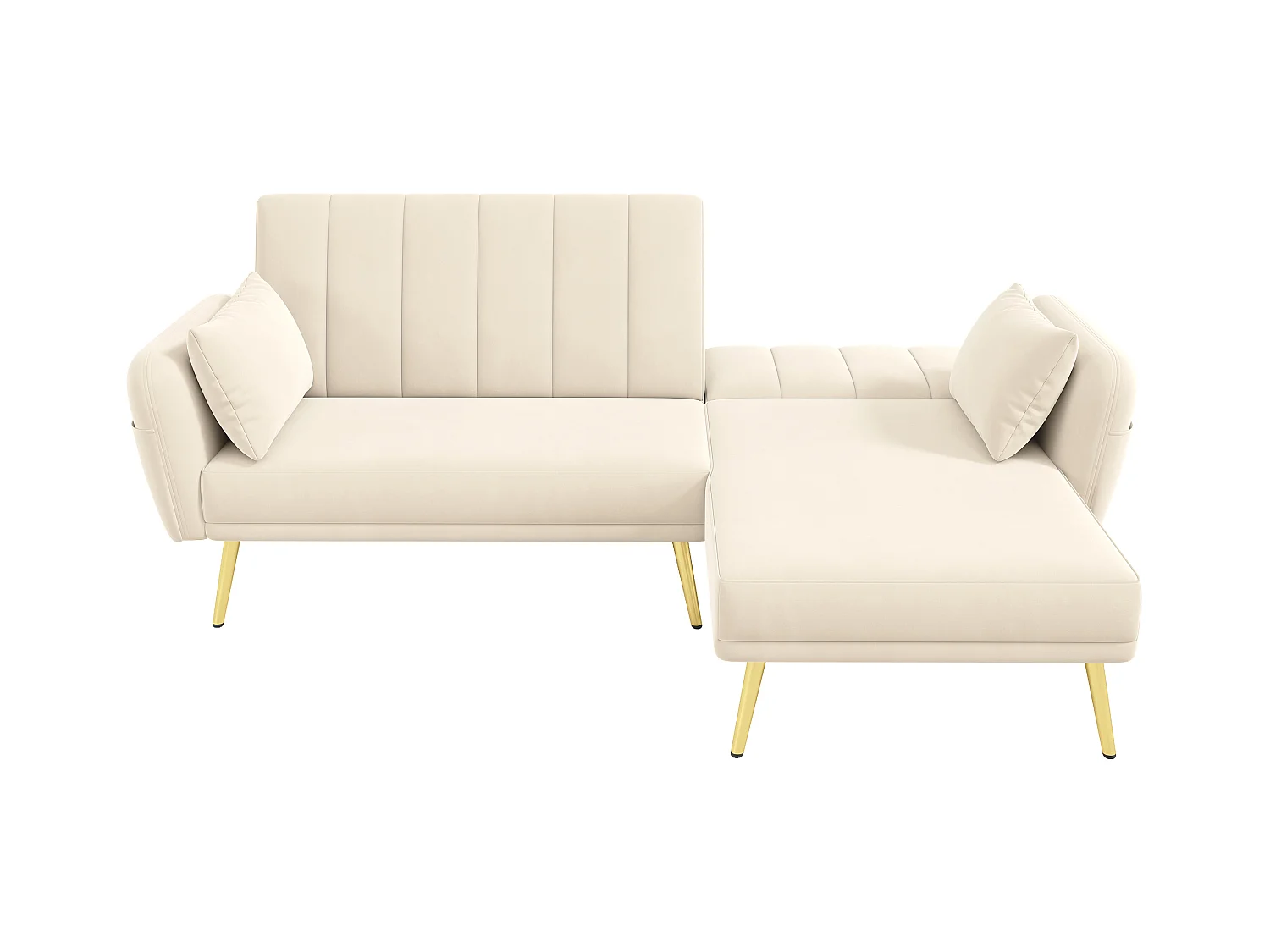 Canapé 3 places avec poches latérales et dossier réglable, pieds dorés - velours beige