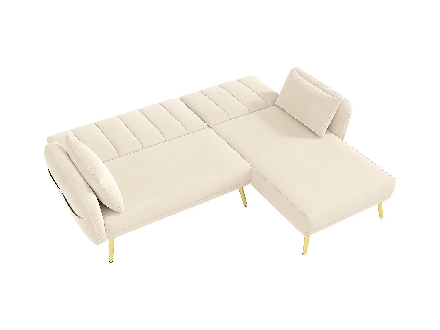 Canapé 3 places avec poches latérales et dossier réglable, pieds dorés - velours beige