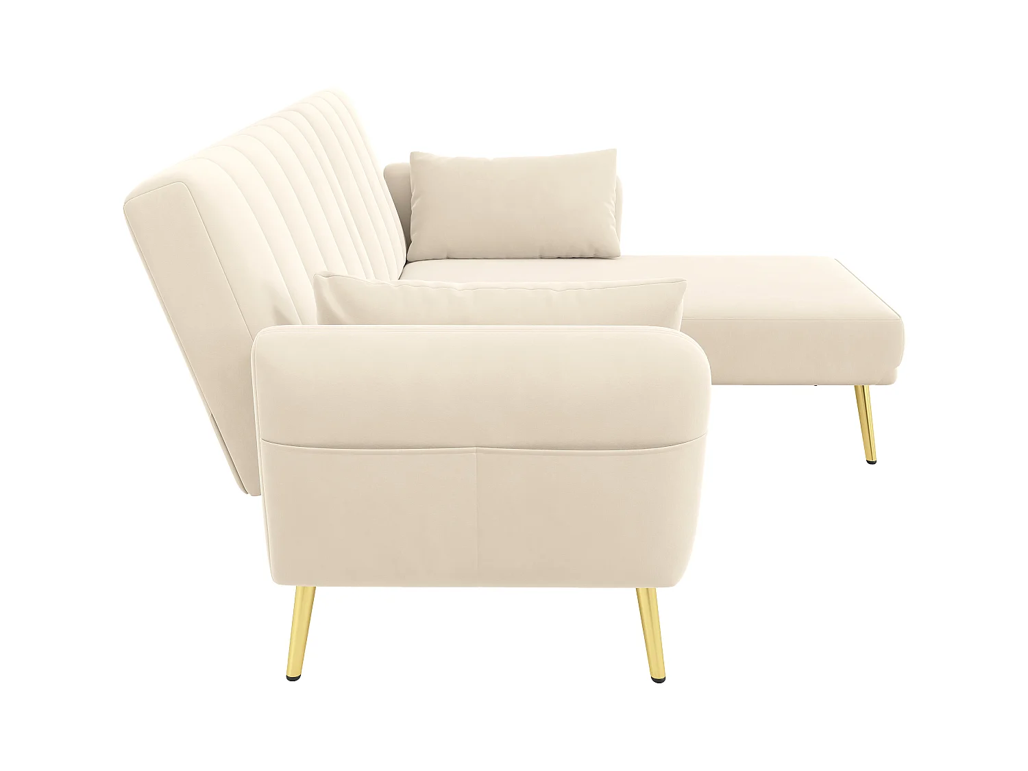 Canapé 3 places avec poches latérales et dossier réglable, pieds dorés - velours beige