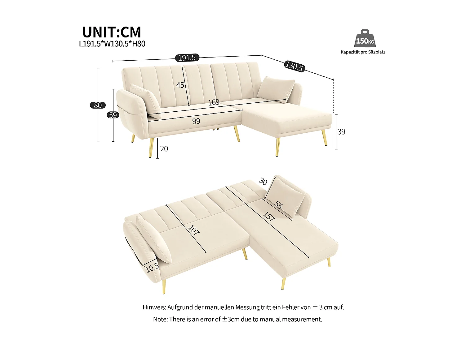 Canapé 3 places avec poches latérales et dossier réglable, pieds dorés - velours beige