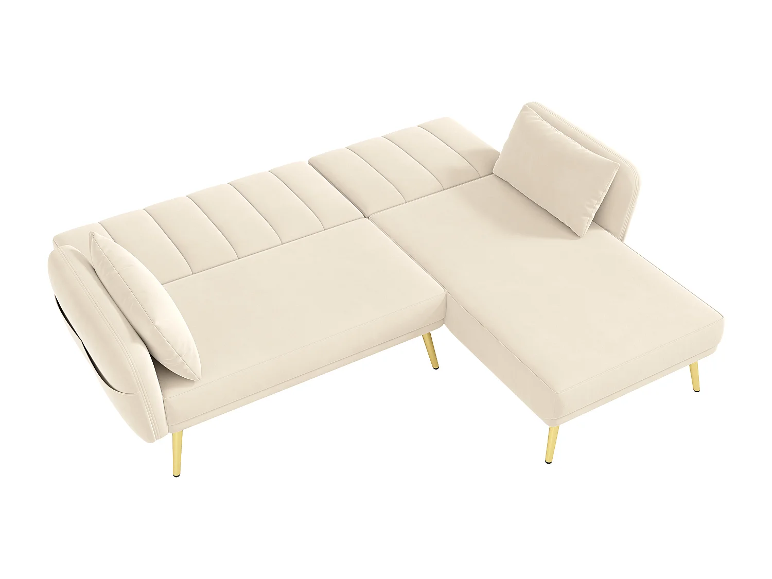 Canapé 3 places avec poches latérales et dossier réglable, pieds dorés - velours beige