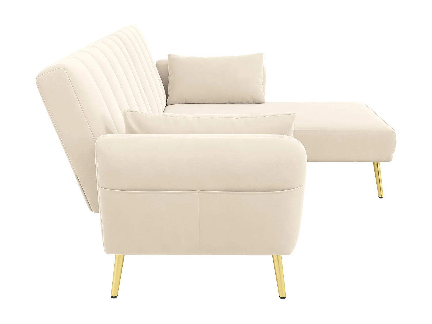 Canapé 3 places avec poches latérales et dossier réglable, pieds dorés - velours beige