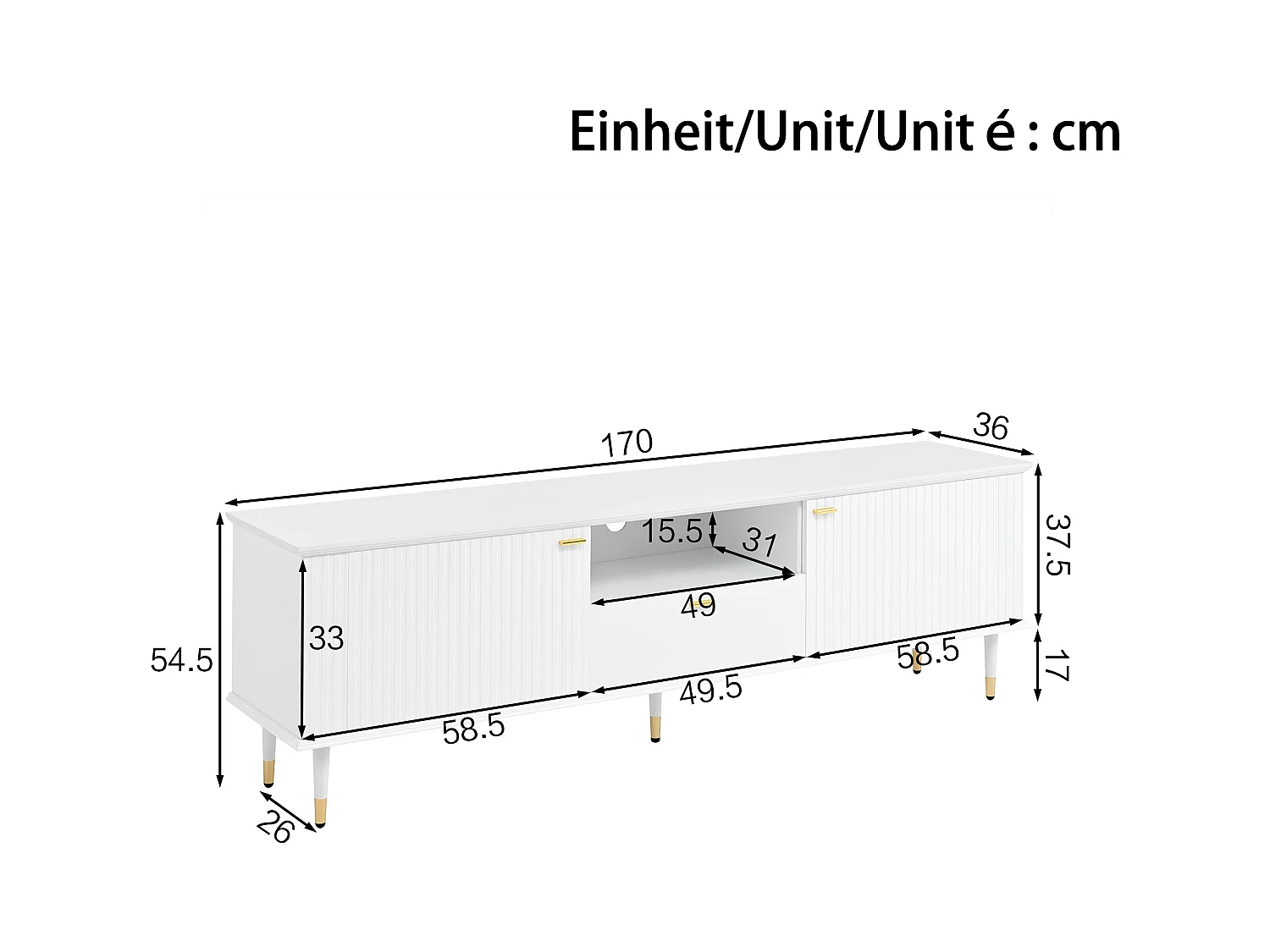 Meuble TV blanc avec 2 portes et 1 tiroir de rangement, compartiments ouverts - pour salon