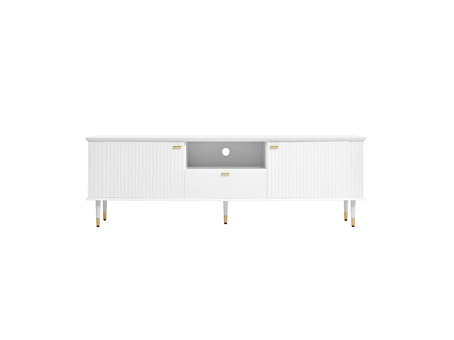 Meuble TV blanc avec 2 portes et 1 tiroir de rangement, compartiments ouverts - pour salon