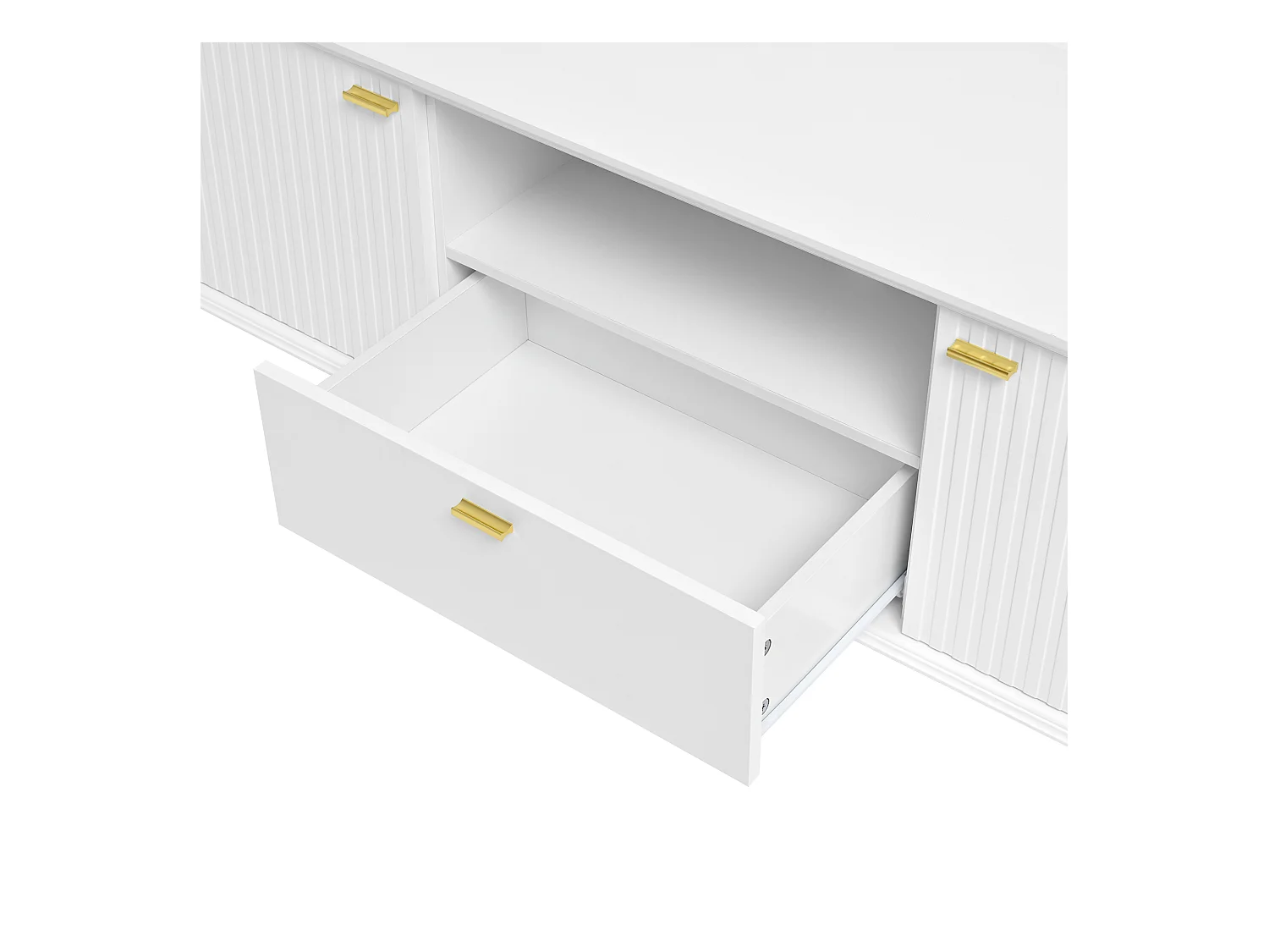 Meuble TV blanc avec 2 portes et 1 tiroir de rangement, compartiments ouverts - pour salon