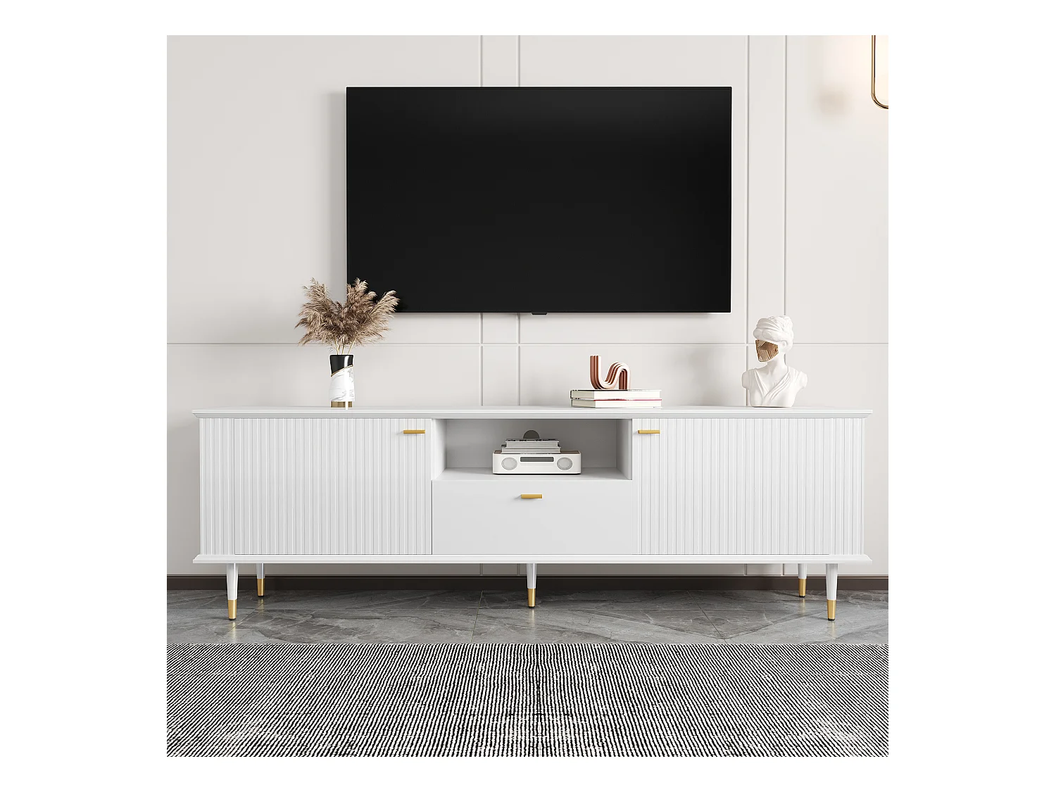 Meuble TV blanc avec 2 portes et 1 tiroir de rangement, compartiments ouverts - pour salon