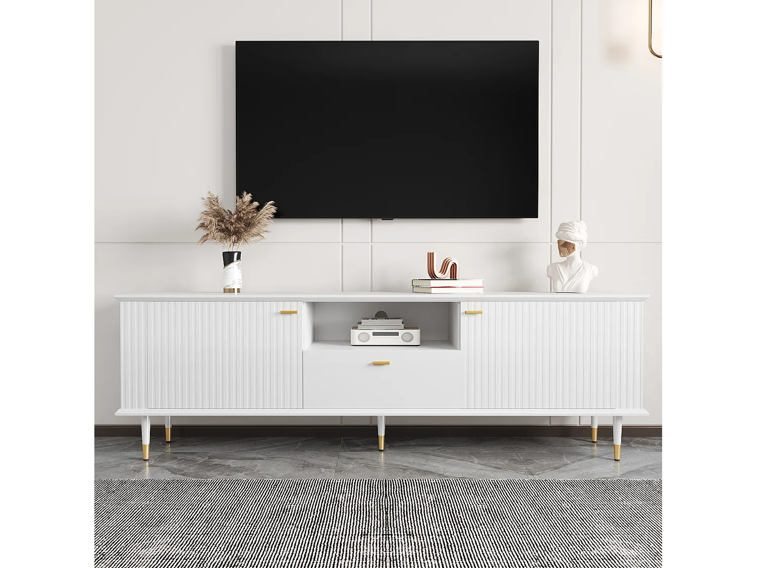 Meuble TV blanc avec 2 portes et 1 tiroir de rangement, compartiments ouverts - pour salon