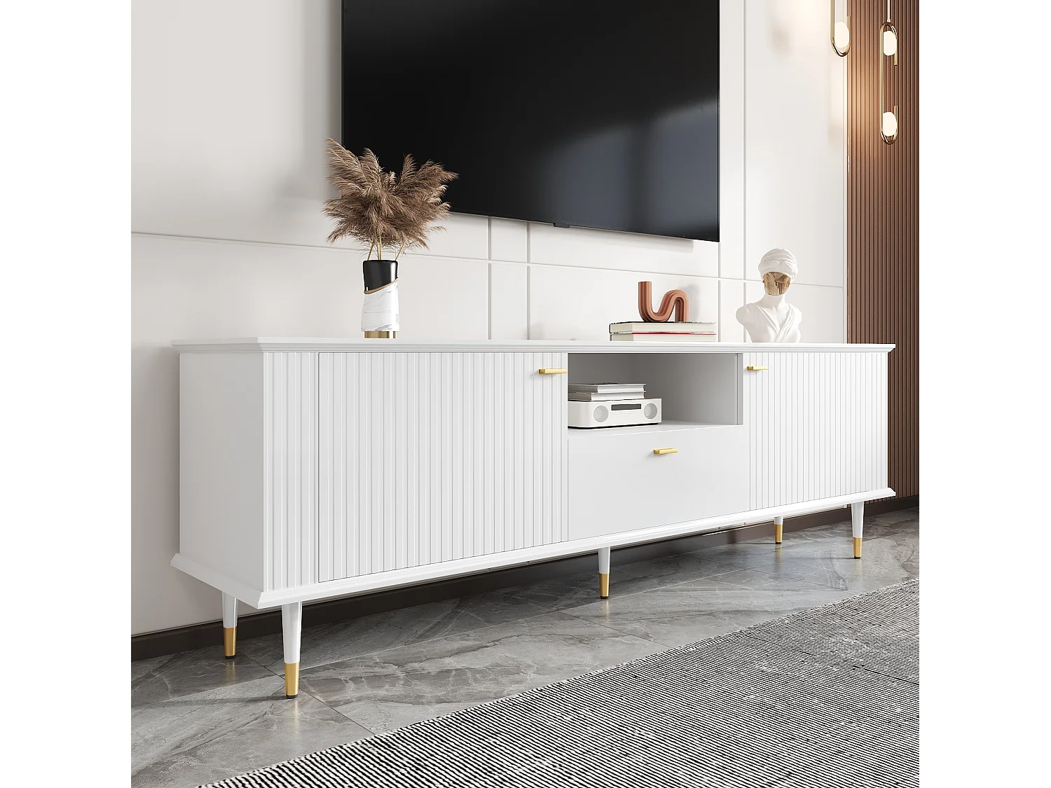 Meuble TV blanc avec 2 portes et 1 tiroir de rangement, compartiments ouverts - pour salon