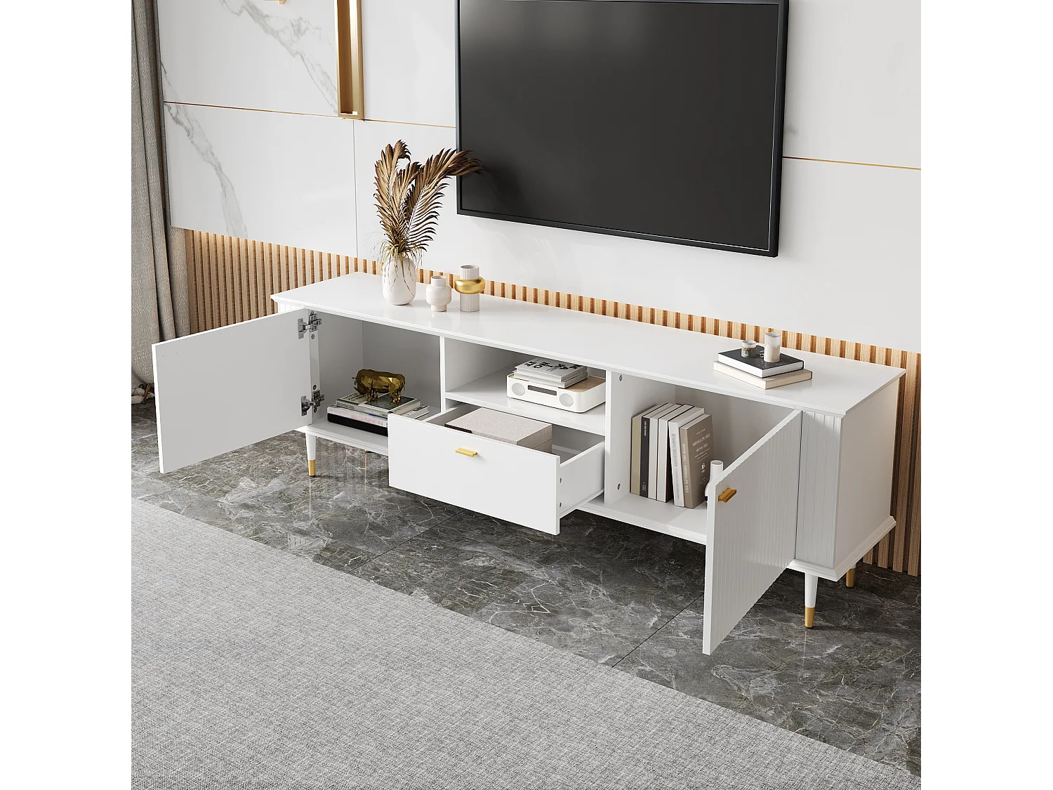 Meuble TV blanc avec 2 portes et 1 tiroir de rangement, compartiments ouverts - pour salon