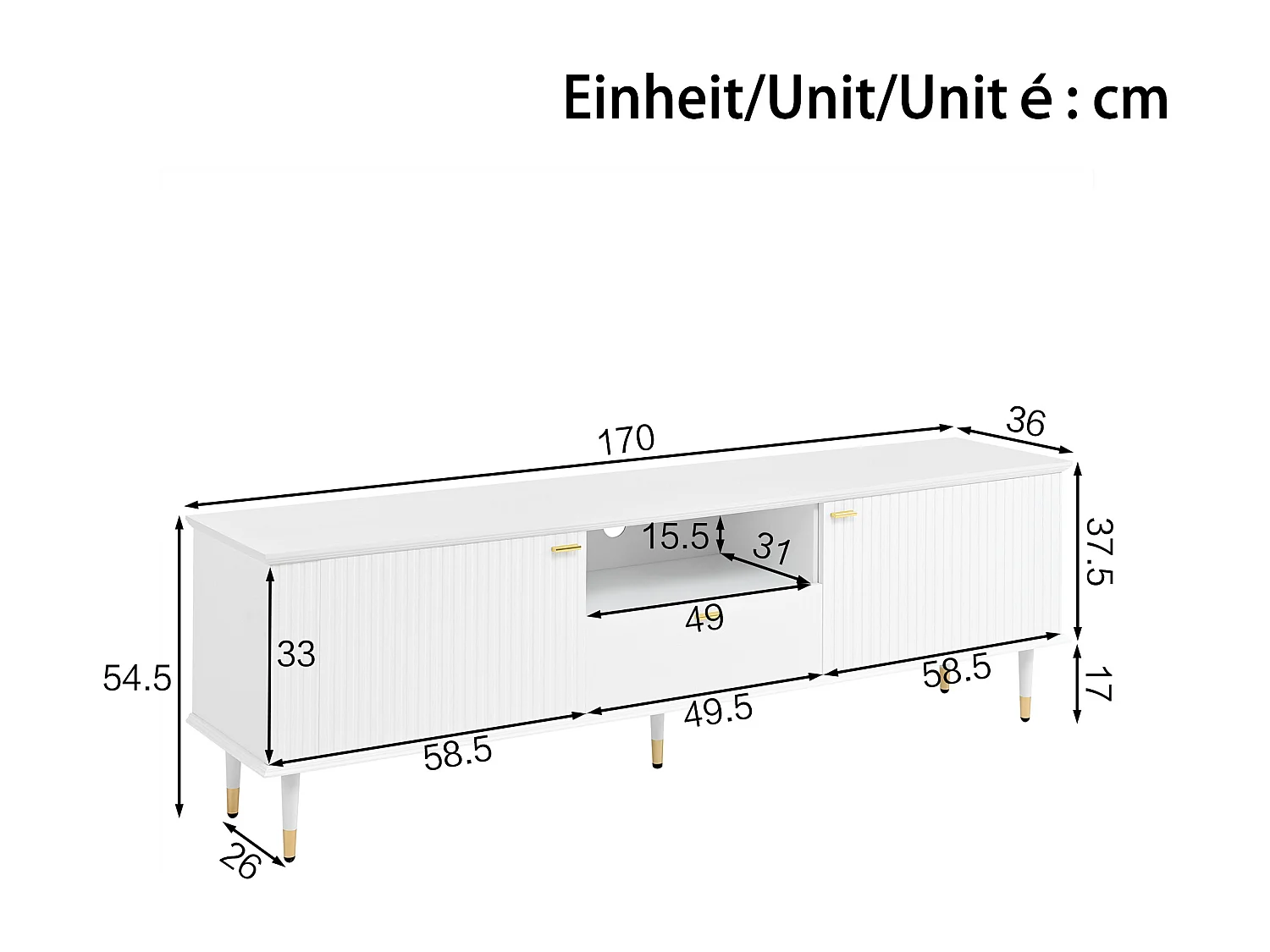 Meuble TV blanc avec 2 portes et 1 tiroir de rangement, compartiments ouverts - pour salon