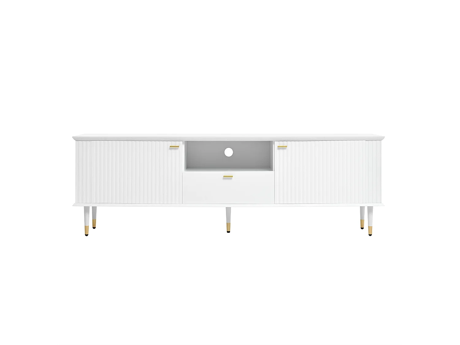 Meuble TV blanc avec 2 portes et 1 tiroir de rangement, compartiments ouverts - pour salon