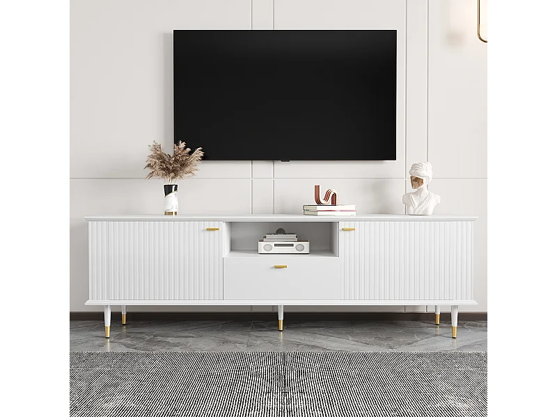 Mueble de TV blanco con 2 puertas, 1 cajón de almacenamiento y compartimentos abiertos – para salón