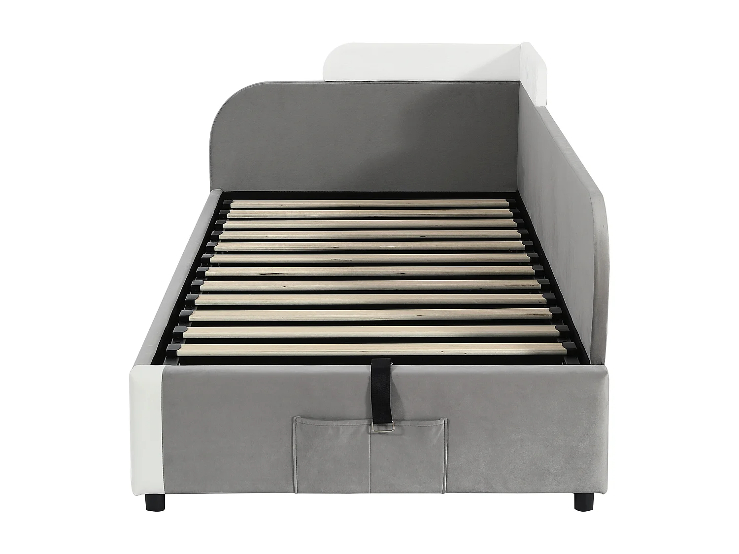 Lit enfant 90x200 cm avec rangement, côté droit, velours gris - sans matelas