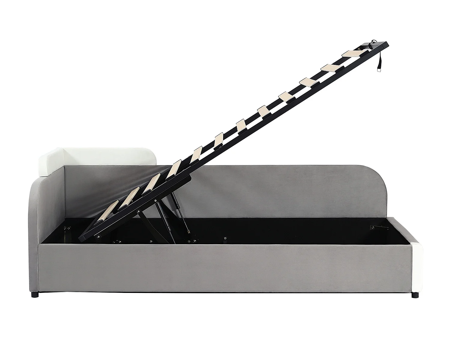 Lit enfant 90x200 cm avec rangement, côté droit, velours gris - sans matelas