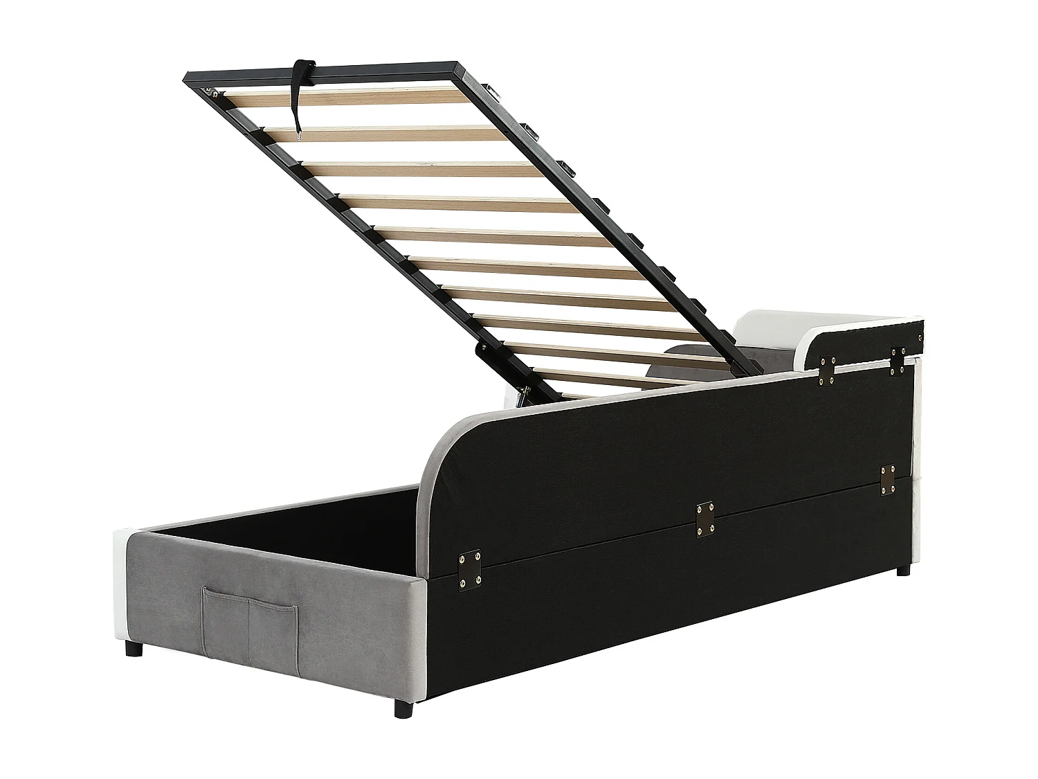 Lit enfant 90x200 cm avec rangement, côté droit, velours gris - sans matelas