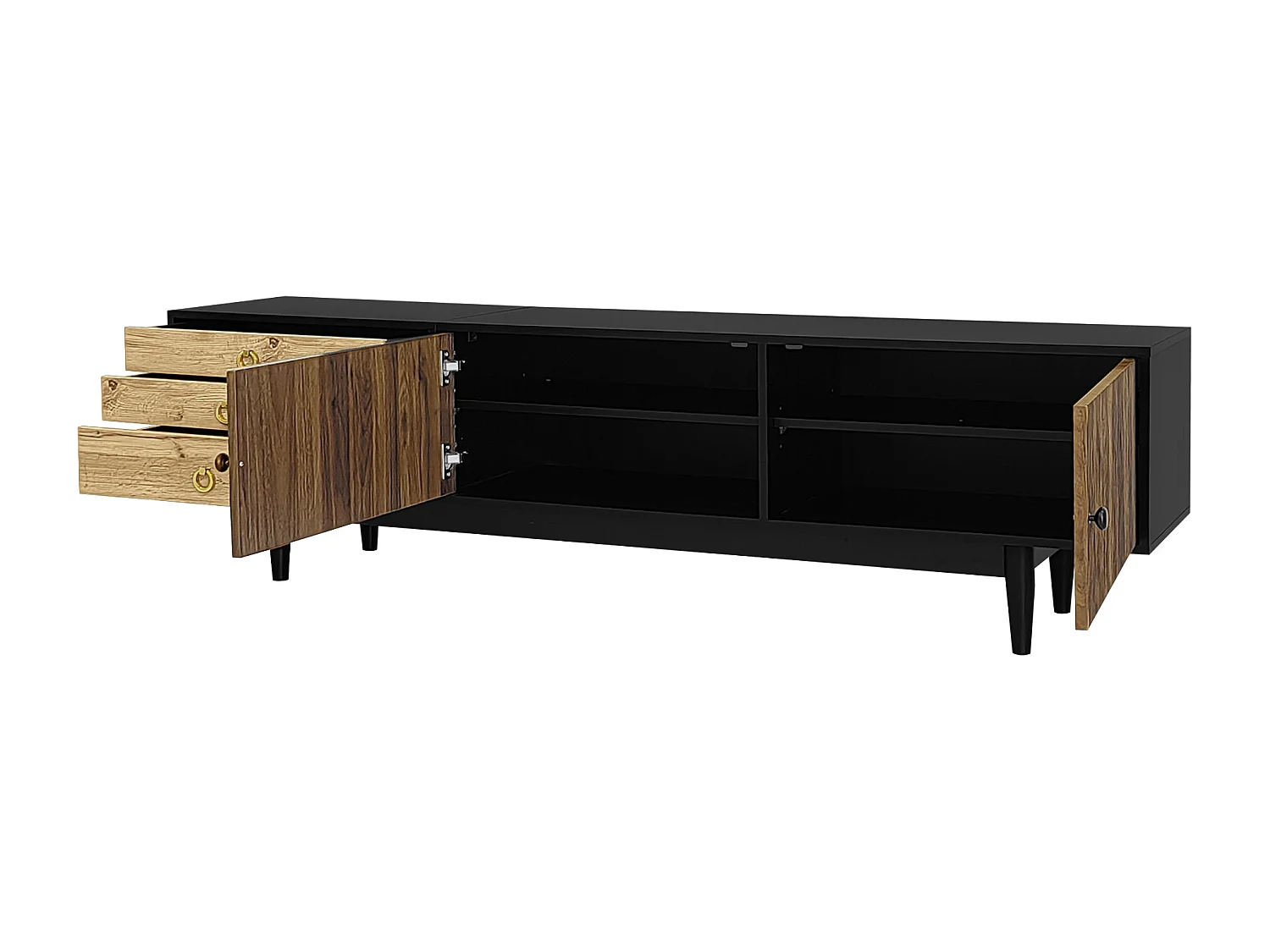 TV-Möbel 180 cm mit 3 Aufbewahrungsschubladen und 2 Türen mit Wellenoptik - Schwarz und Holz