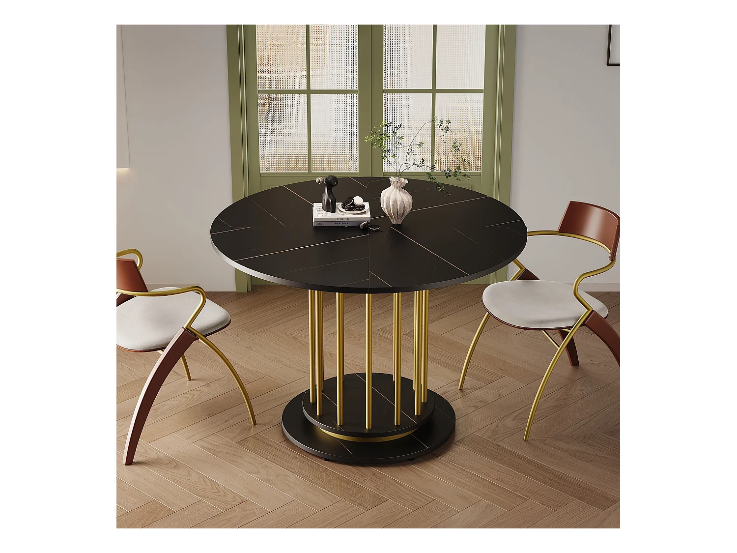 Table à manger ronde noire avec plateau en MDF effet marbre et structure en métal - pour 2 à 4 personnes