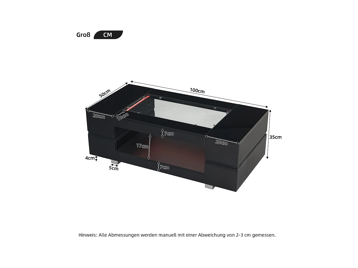 Table basse noire avec éclairage LED et rangement ouvert – pour salons et bureaux