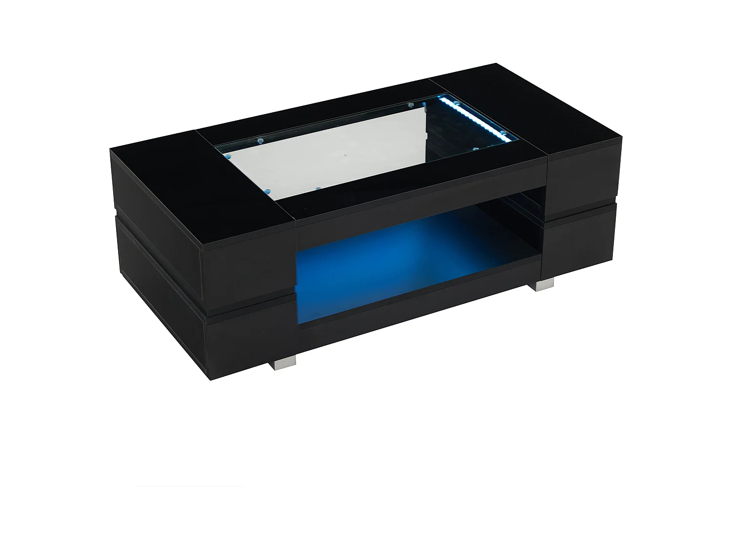 Table basse noire avec éclairage LED et rangement ouvert – pour salons et bureaux