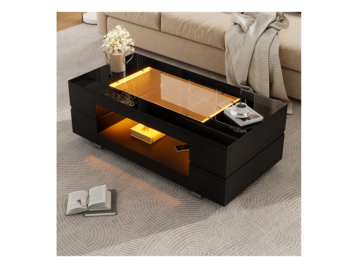 Table basse noire avec éclairage LED et rangement ouvert – pour salons et bureaux