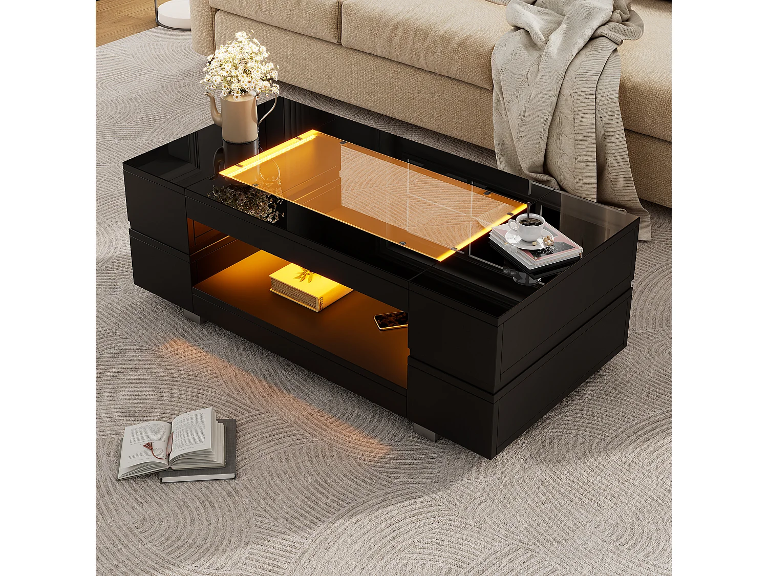 Schwarzer Couchtisch mit LED-Beleuchtung und offenem Stauraum – Für Wohnzimmer und Büros