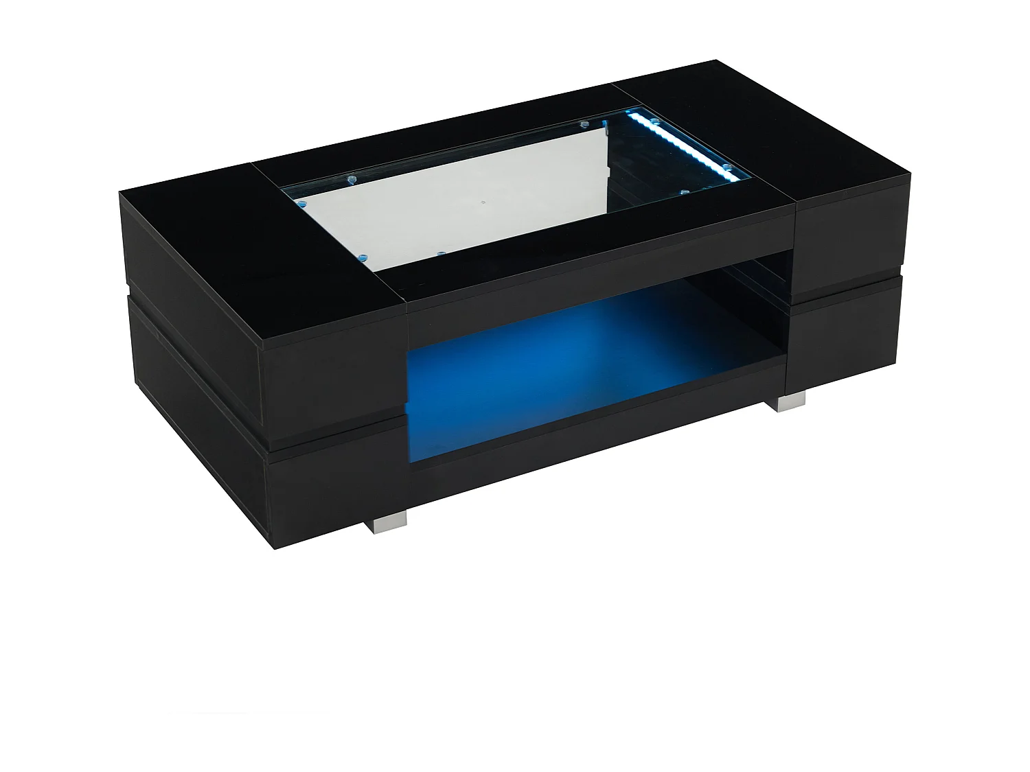 Schwarzer Couchtisch mit LED-Beleuchtung und offenem Stauraum – Für Wohnzimmer und Büros