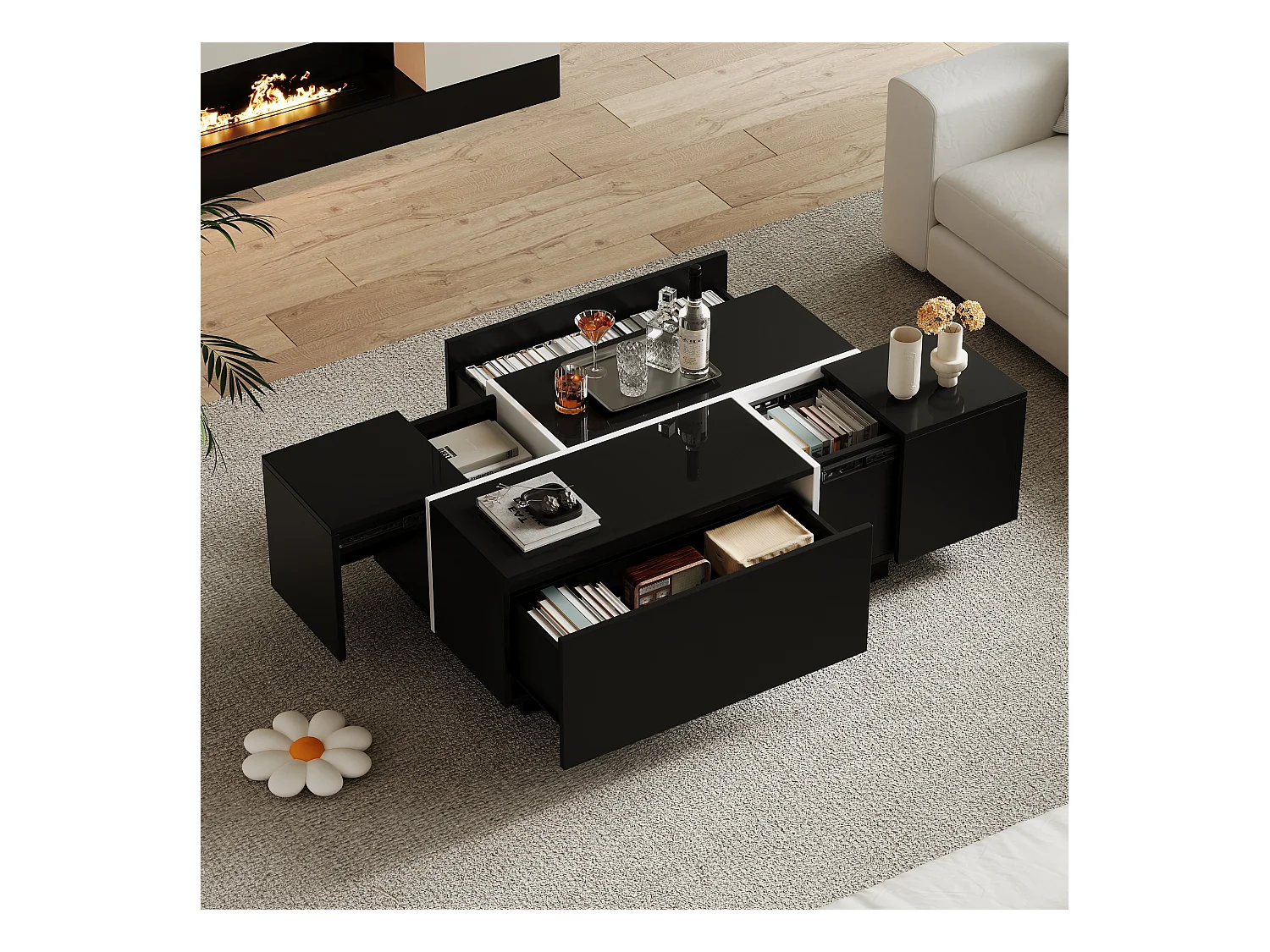 Table basse carrée noire avec 4 tiroirs coulissants – pour salon et bureaux
