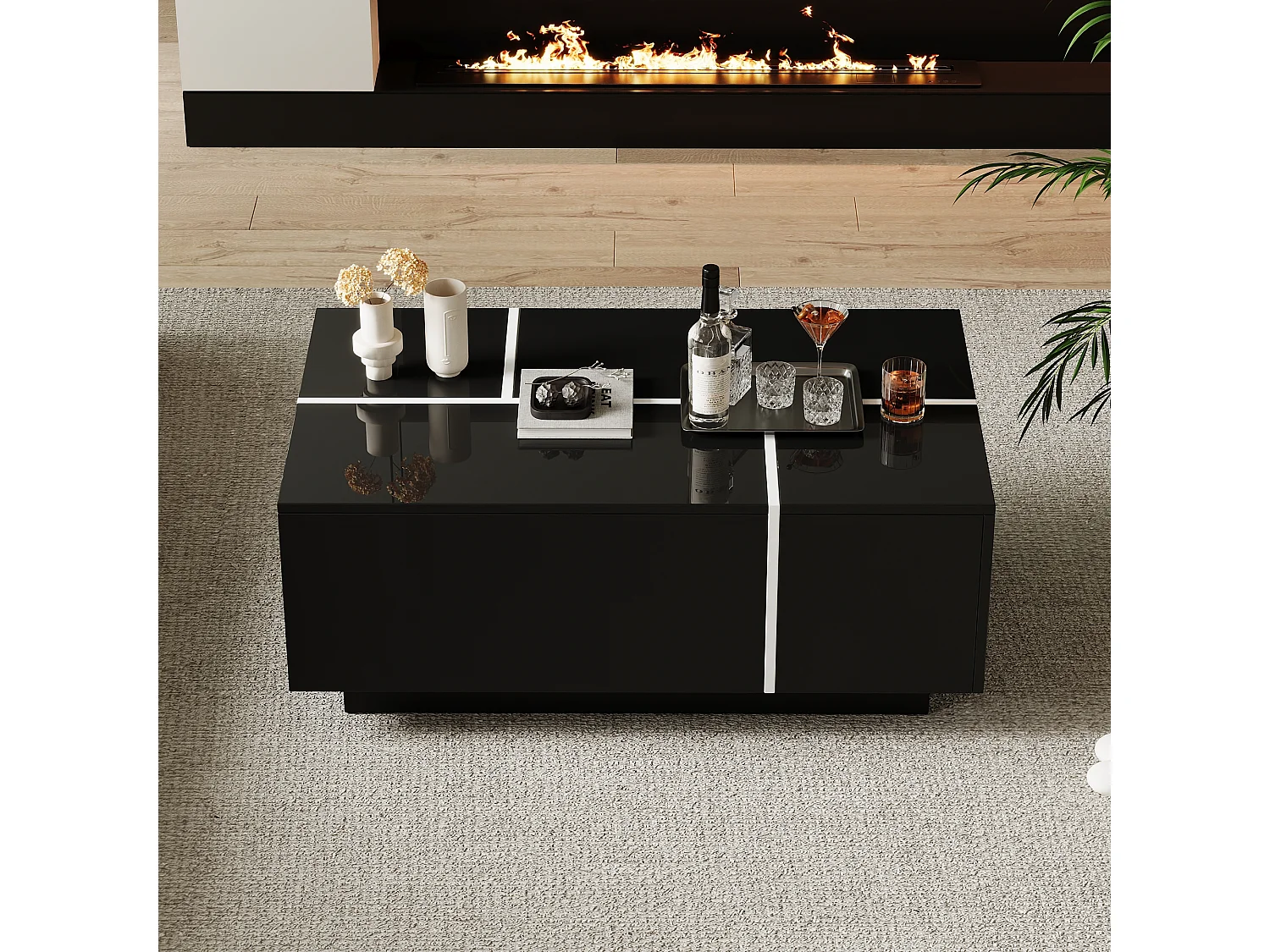 Table basse carrée noire avec 4 tiroirs coulissants – pour salon et bureaux