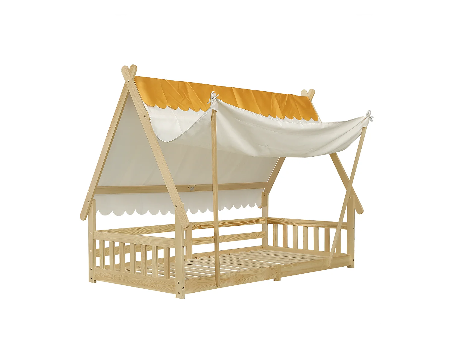 Lit cabane 90x190 cm avec sommier à lattes et ciel de lit amovible, coloris naturel - sans matelas