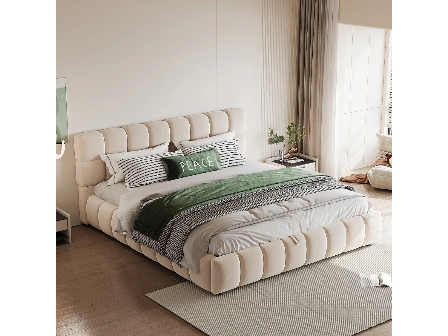 Lit coffre adulte 140x190 cm avec tête de lit et sommier à lattes rembourrée, velours beige - sans matelas