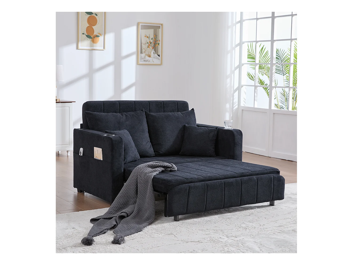 Wandelbares Sofa mit Seitentaschen, Getränkehaltern und USB-Ladeanschluss – Schwarzes Chenille