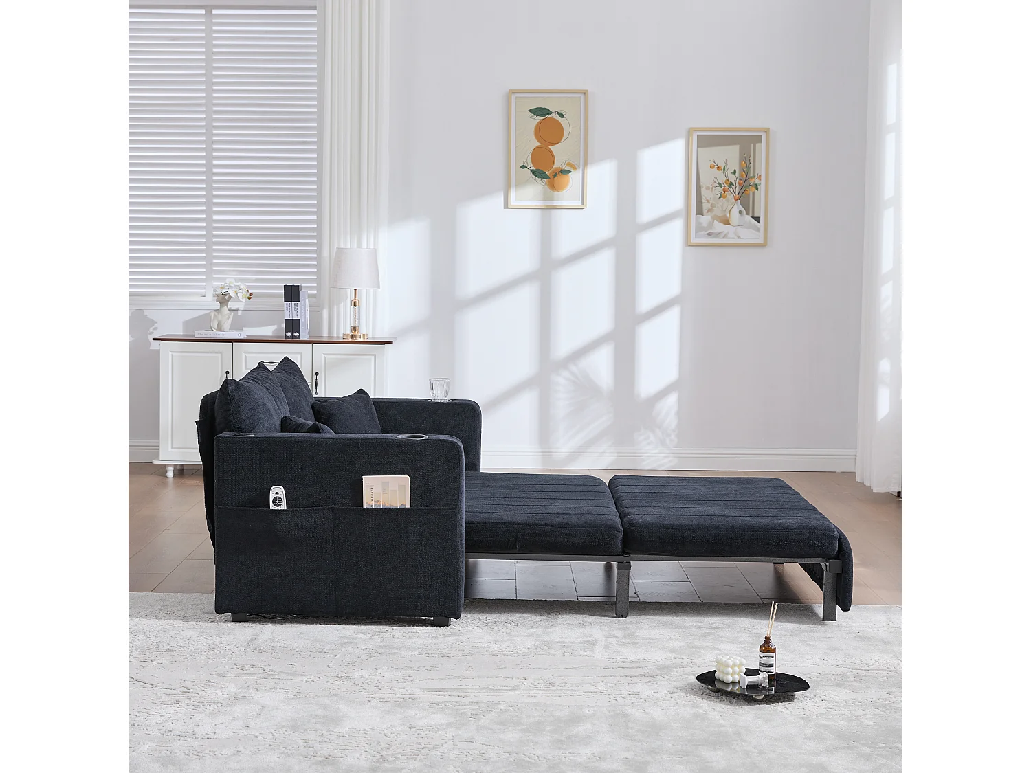 Wandelbares Sofa mit Seitentaschen, Getränkehaltern und USB-Ladeanschluss – Schwarzes Chenille