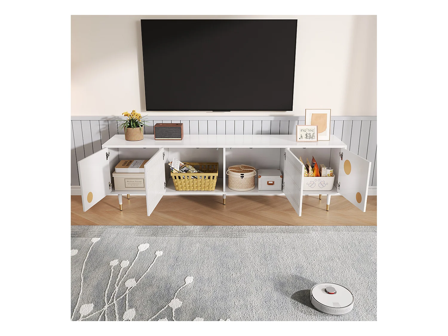 Meuble TV blanc avec 4 portes et bordure dorée - pour salon et bureaux