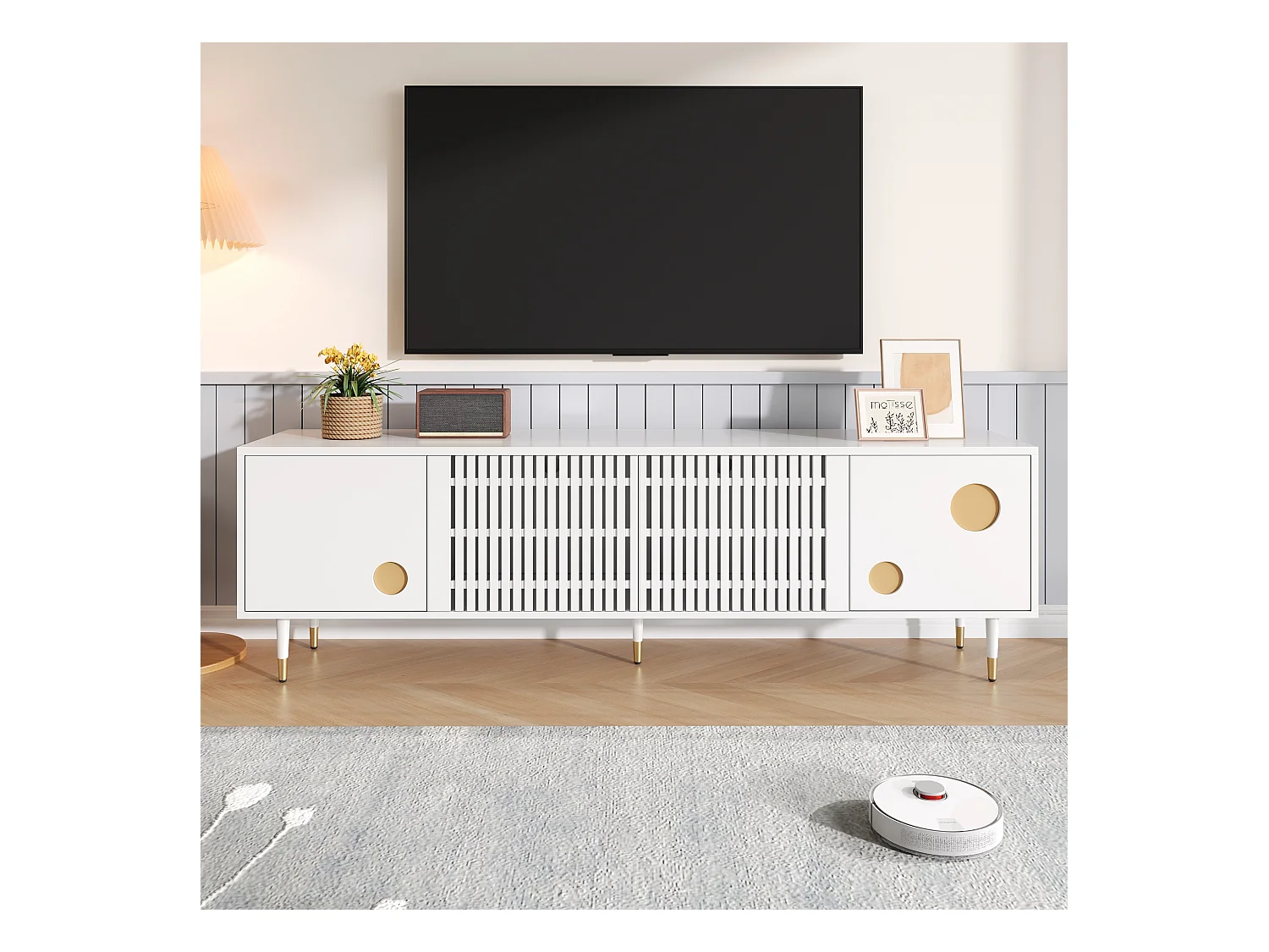 Meuble TV blanc avec 4 portes et bordure dorée - pour salon et bureaux