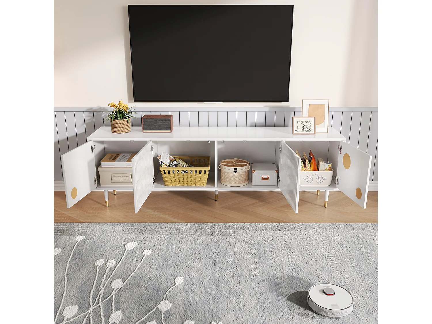 Meuble TV blanc avec 4 portes et bordure dorée - pour salon et bureaux