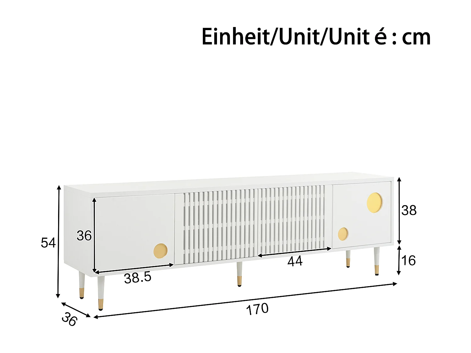 Meuble TV blanc avec 4 portes et bordure dorée - pour salon et bureaux