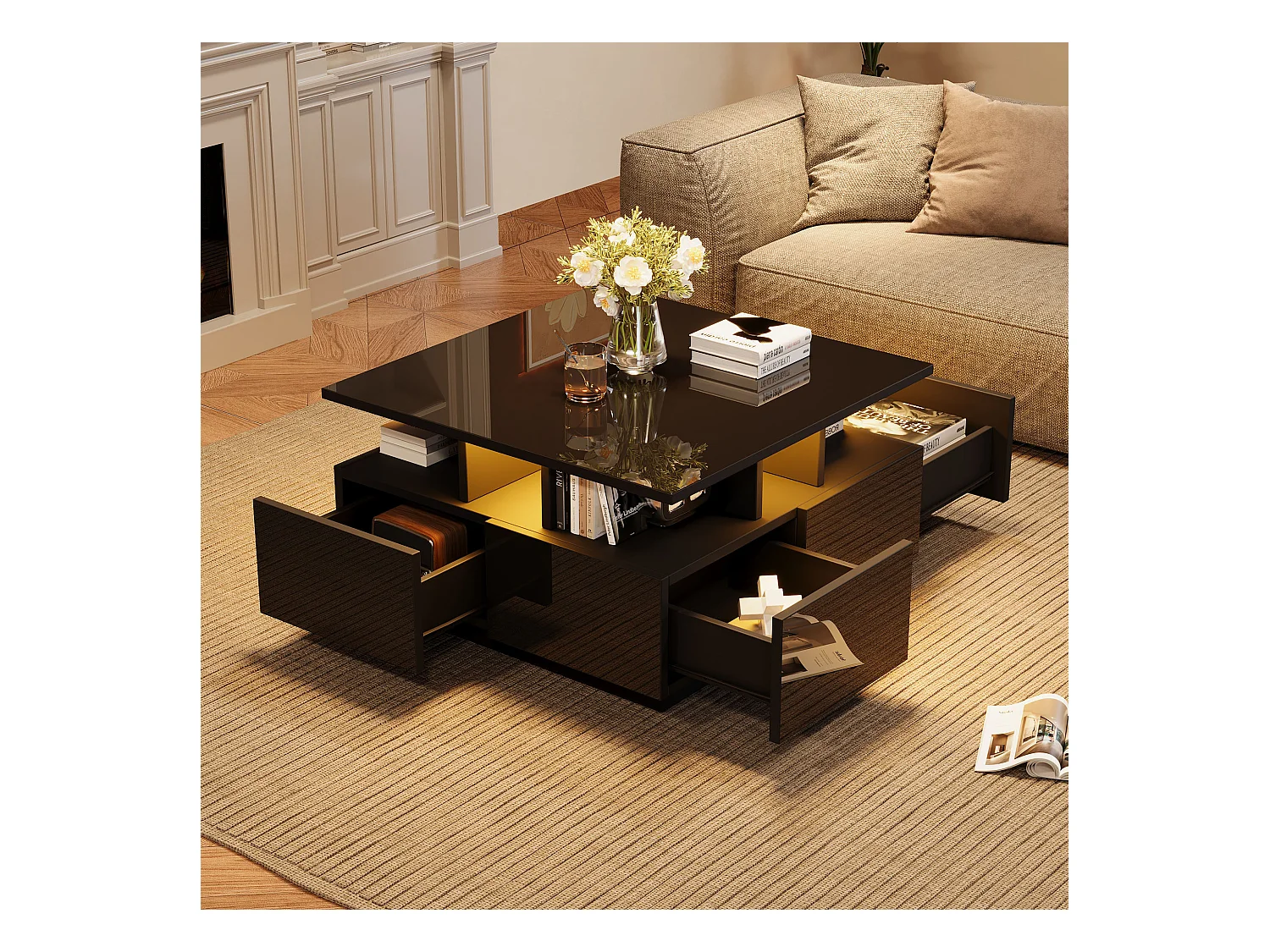 Table basse carrée noire avec 4 tiroirs de rangement et éclairage LED - pour salon