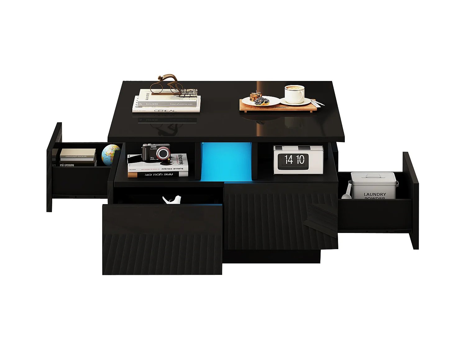 Quadratischer Couchtisch in Schwarz mit 4 Aufbewahrungsschubladen und LED-Beleuchtung - Für Wohnzimmer