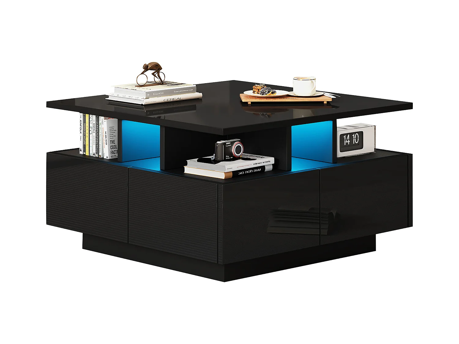Quadratischer Couchtisch in Schwarz mit 4 Aufbewahrungsschubladen und LED-Beleuchtung - Für Wohnzimmer