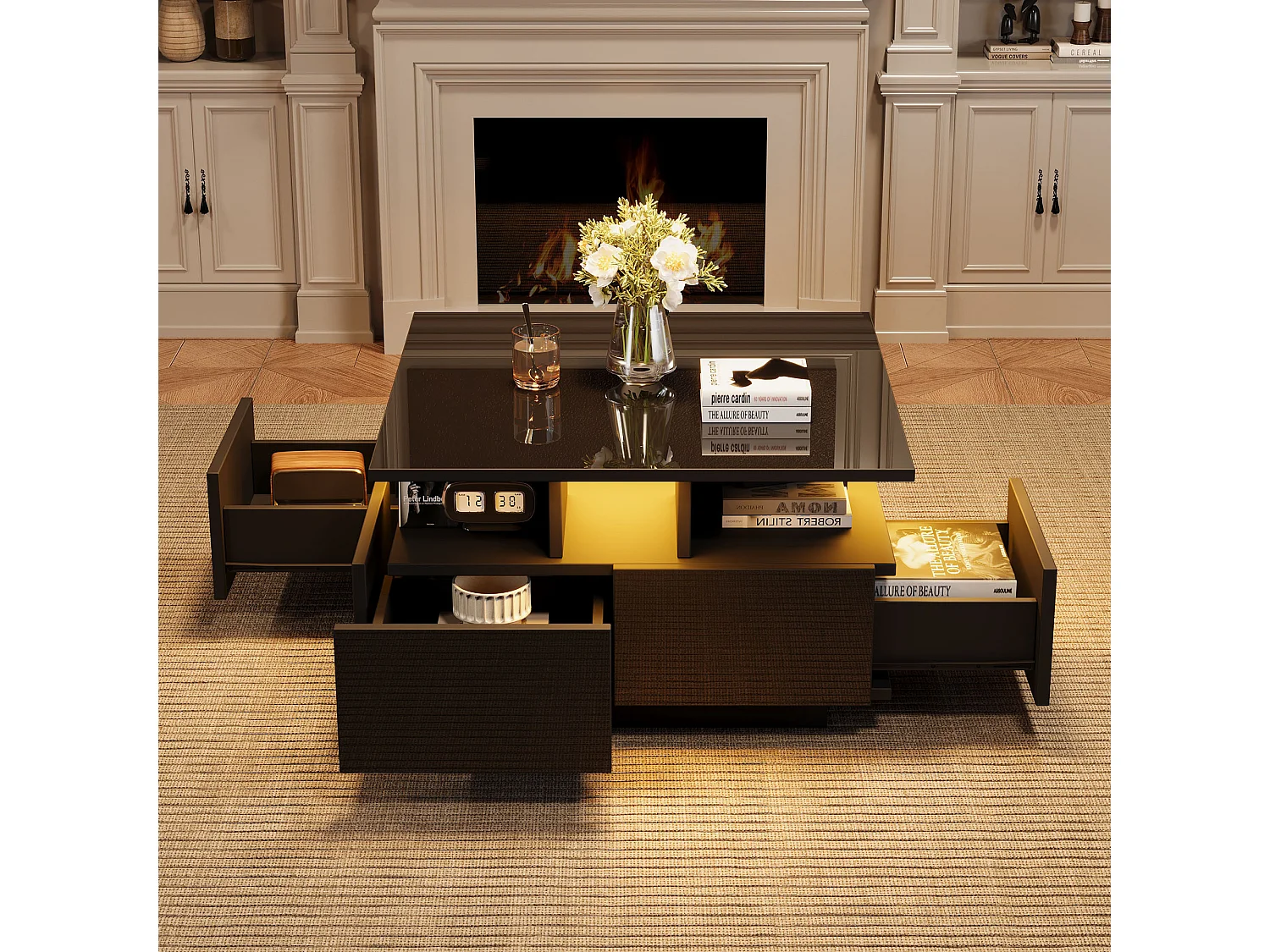 Table basse carrée noire avec 4 tiroirs de rangement et éclairage LED - pour salon