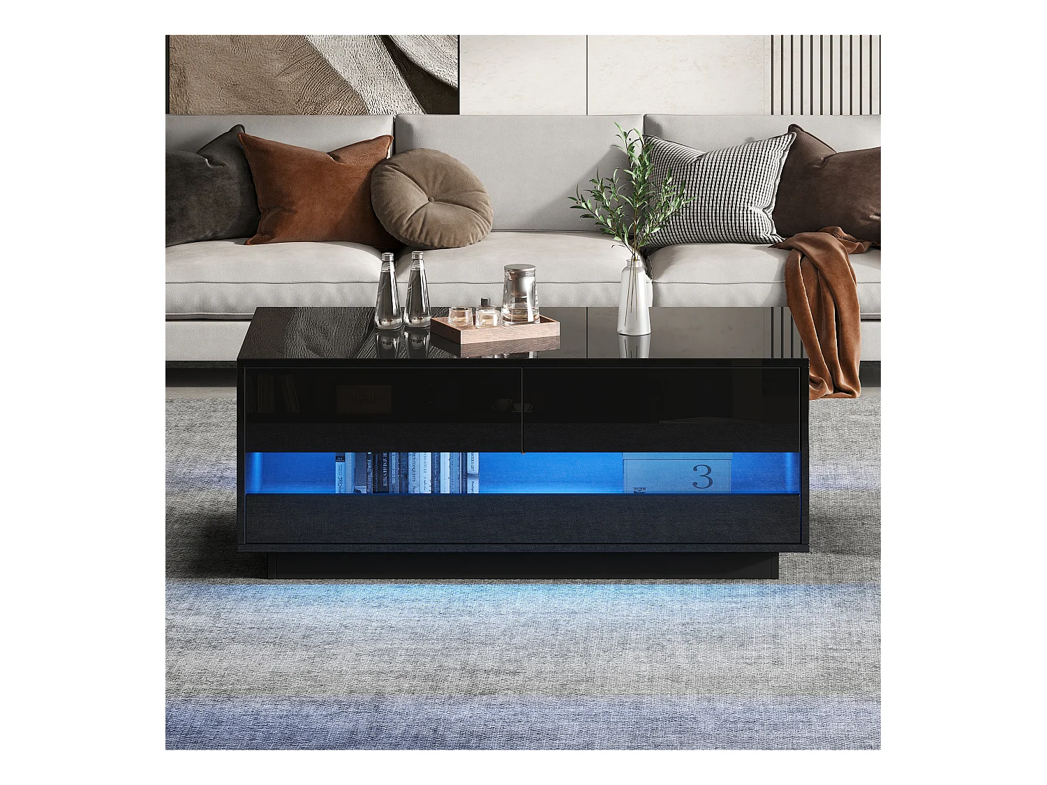 Table basse noire avec 2 tiroirs et panneaux en verre, éclairage LED - pour salon