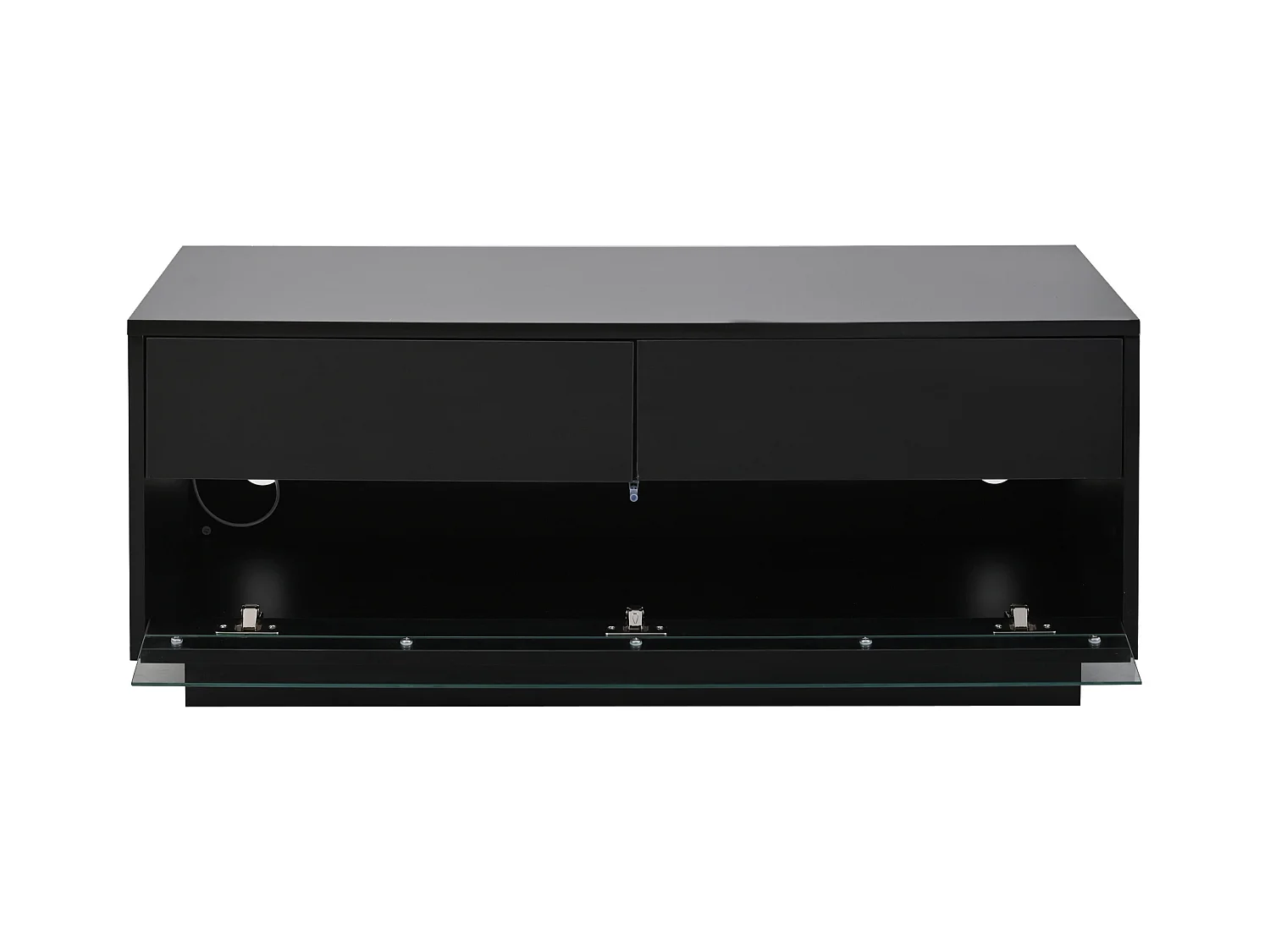 Table basse noire avec 2 tiroirs et panneaux en verre, éclairage LED - pour salon