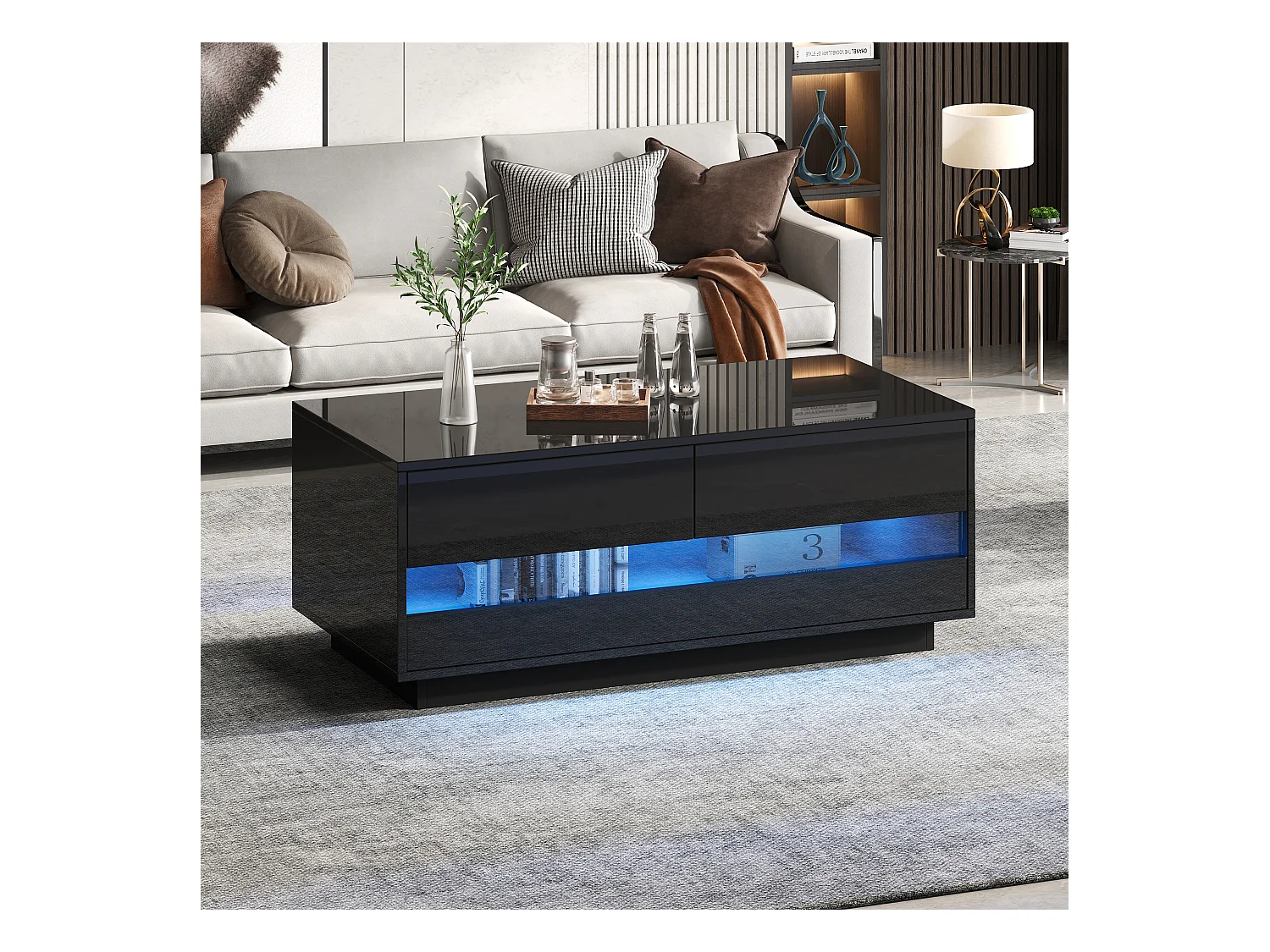 Table basse noire avec 2 tiroirs et panneaux en verre, éclairage LED - pour salon
