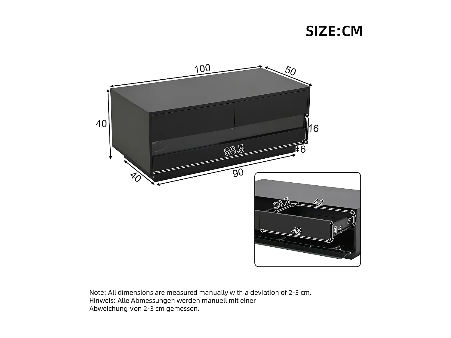 Tavolino da caffè nero con 2 cassetti e pannelli in vetro, illuminazione LED - Per soggiorno