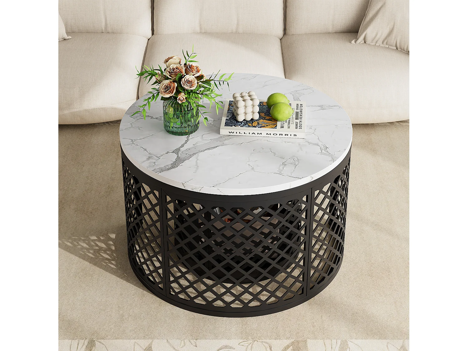 Lot de 2 tables basses gigognes rondes avec plateaux effet marbre blanc et structure en métal ajouré