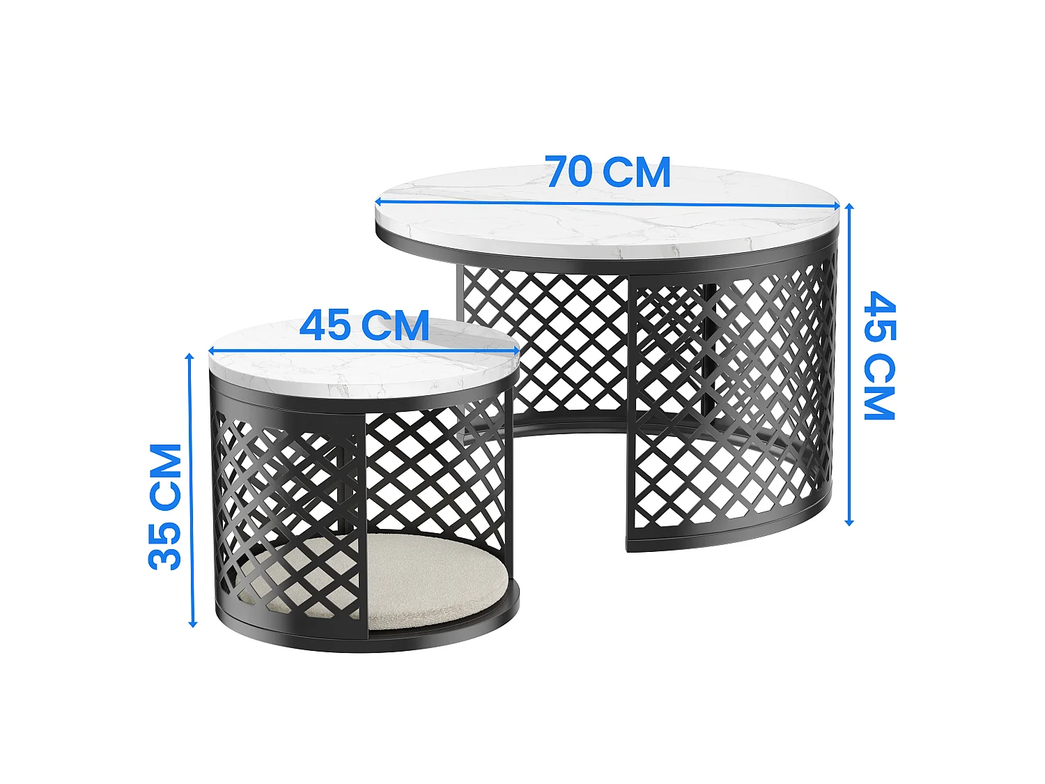 Lot de 2 tables basses gigognes rondes avec plateaux effet marbre blanc et structure en métal ajouré