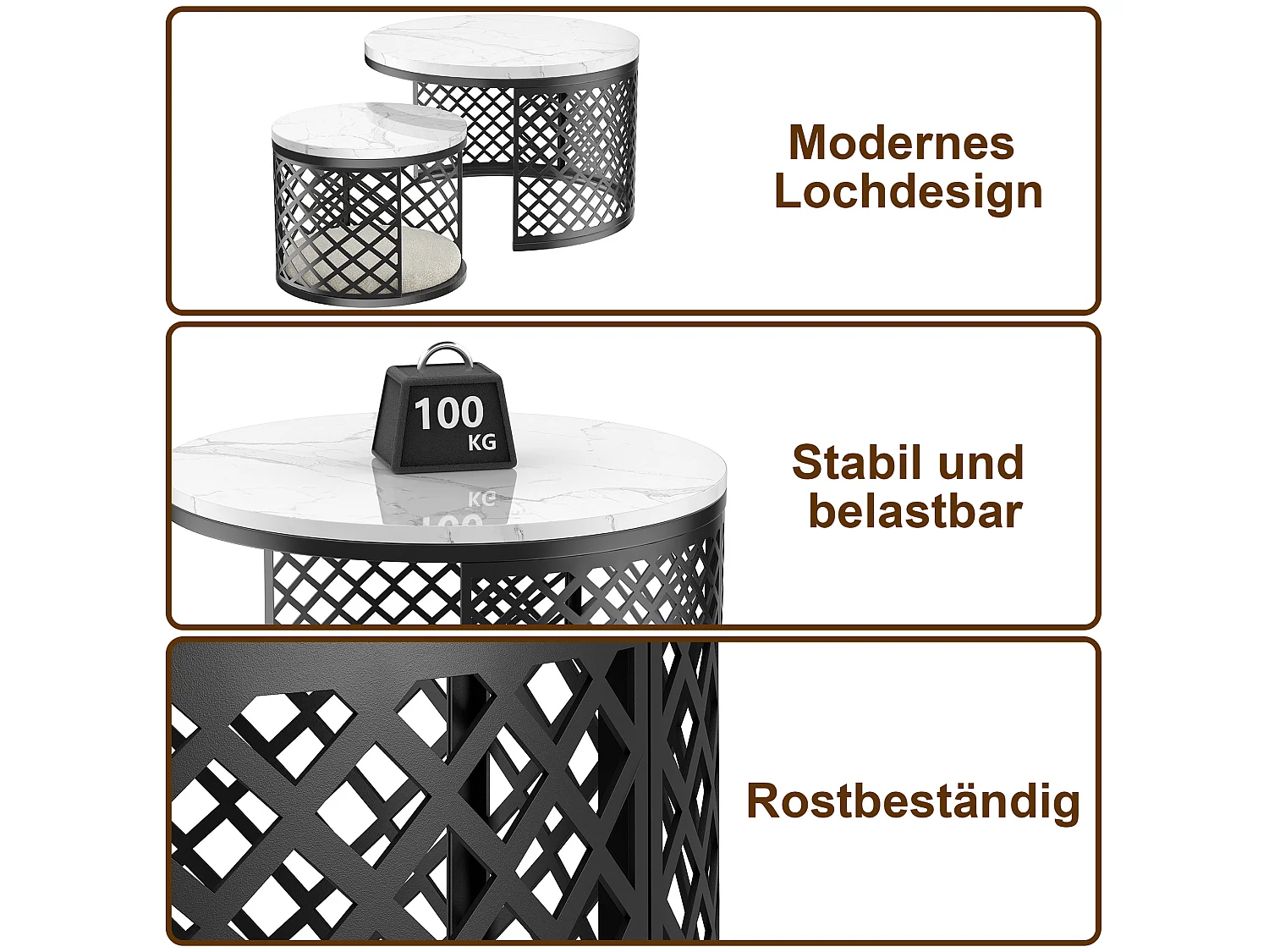 Lot de 2 tables basses gigognes rondes avec plateaux effet marbre blanc et structure en métal ajouré