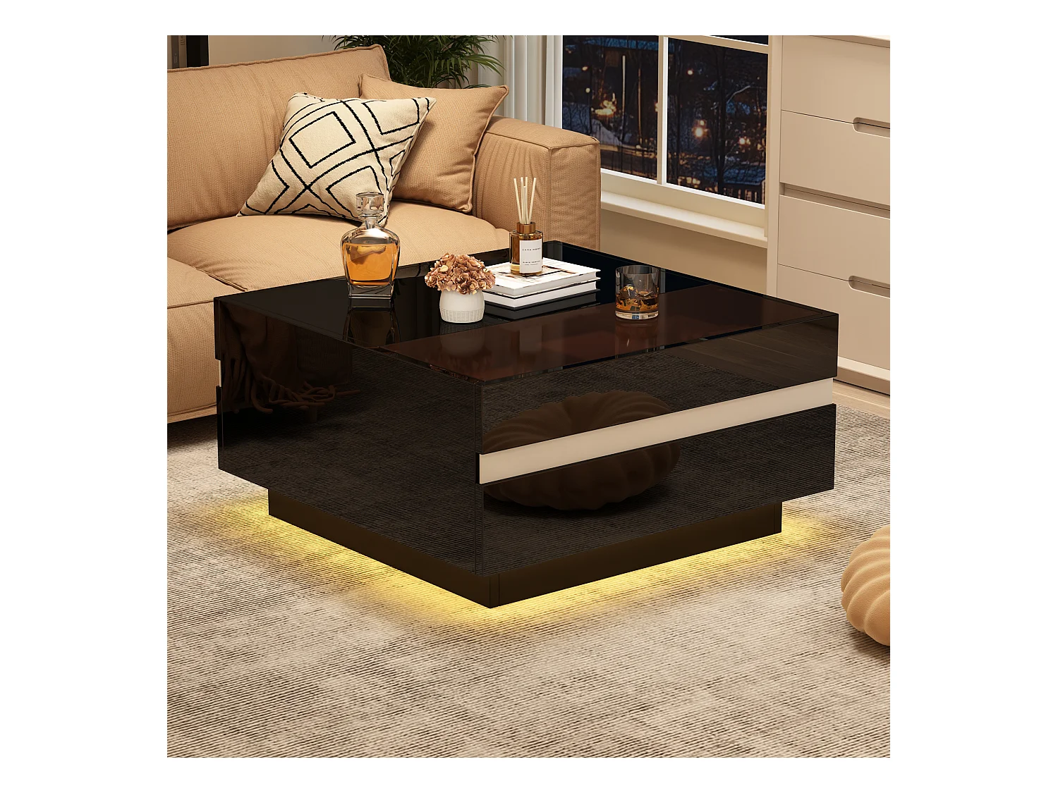Table basse carrée avec éclairage LED et 2 tiroirs de rangement - noir et blanc